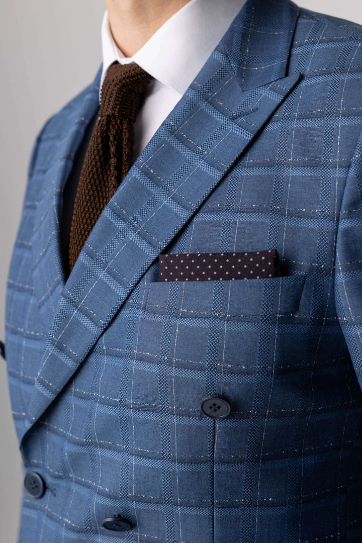 Two-piece light blue checked suit with double-breasted jacket