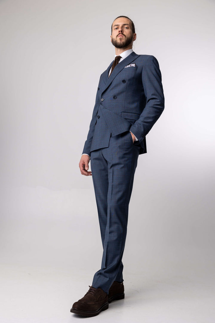 Two-piece blue suit with fine print and double-breasted jacket