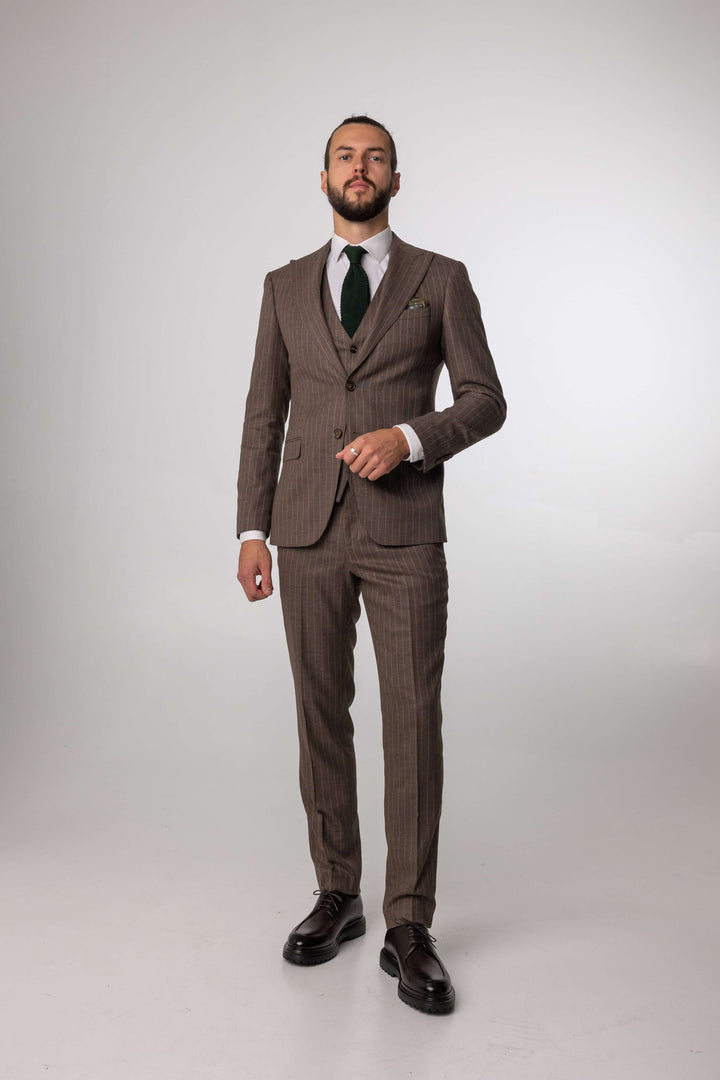 Gray brown three piece suit with stripes