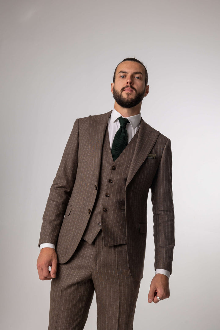 Gray brown three piece suit with stripes