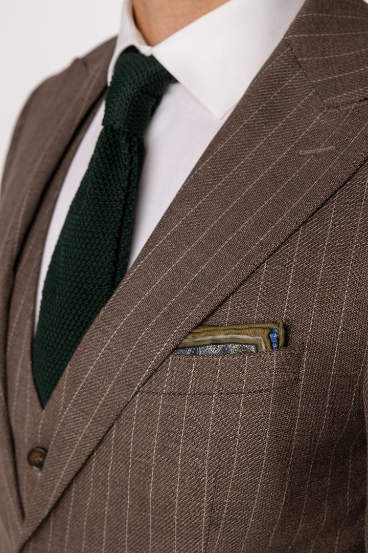 Gray brown three piece suit with stripes