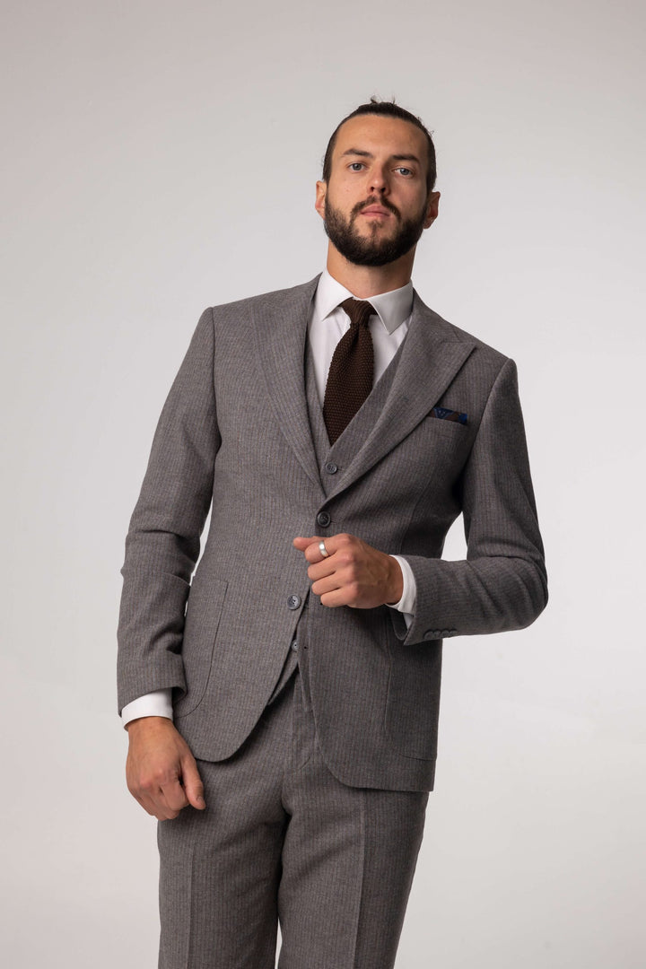 Three-piece gray suit with brown stripes