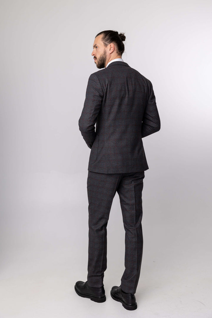 Three-piece gray suit with burgundy checks