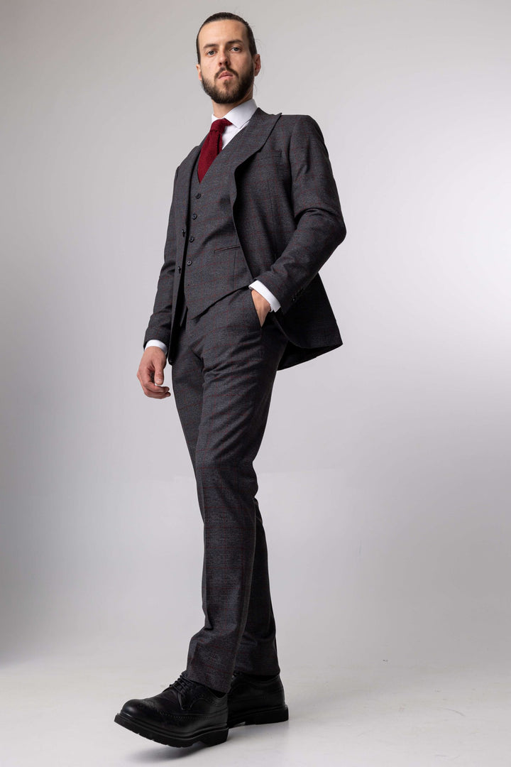 Three-piece gray suit with burgundy checks