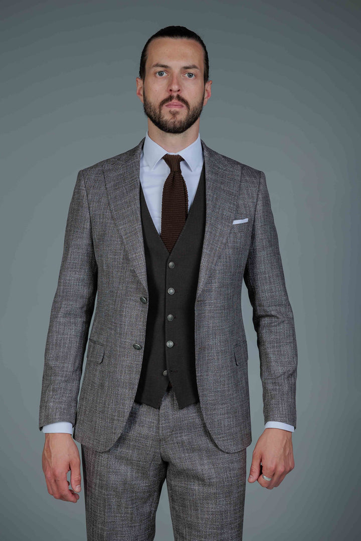 Three-piece brown-gray suit with a brown waistcoat