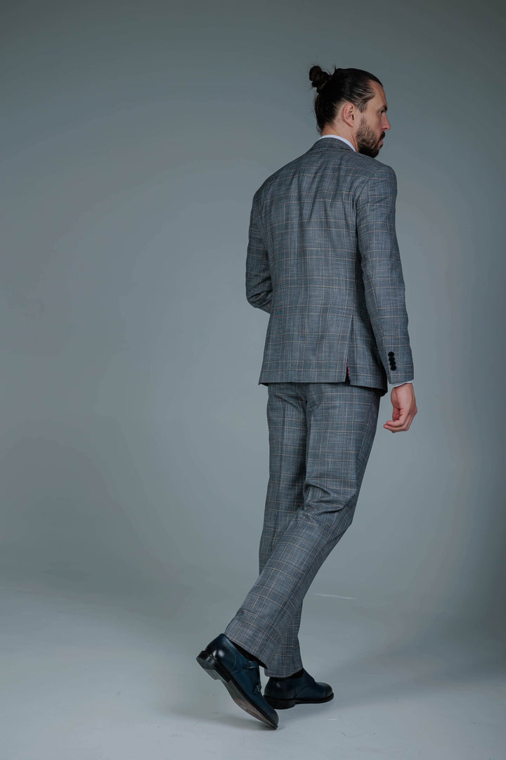 Three-piece gray check suit