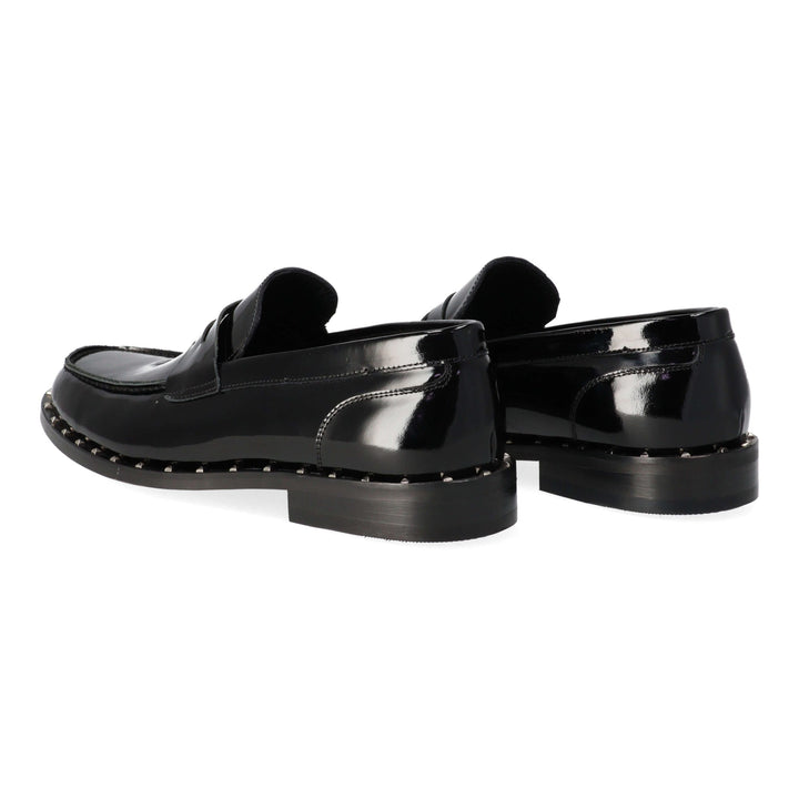 Black patent leather loafers with rivets