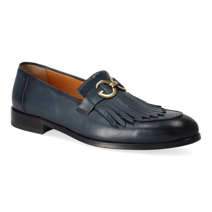 Blue leather loafers with gold detail