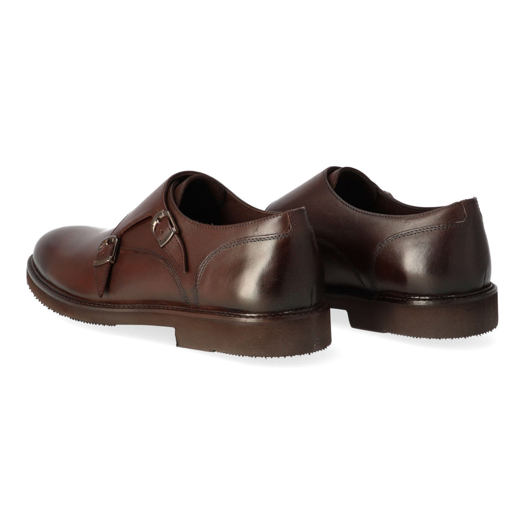 Brown leather loafers with two buckles