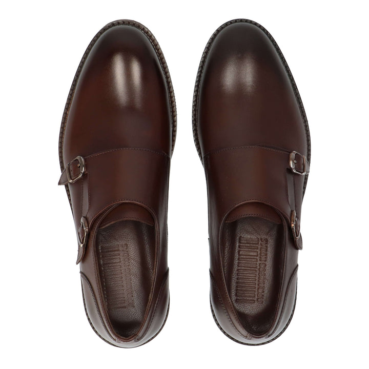 Brown leather loafers with two buckles