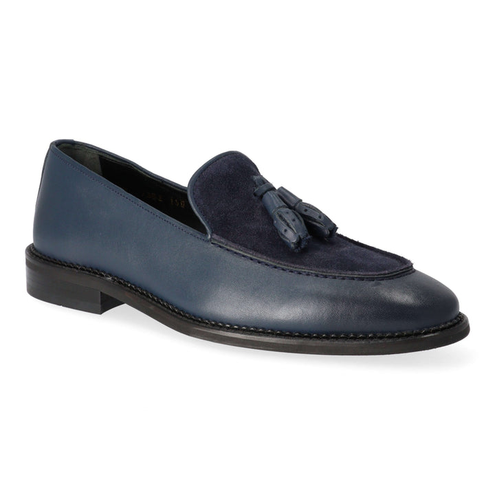 Blue leather loafers with turned leather detail