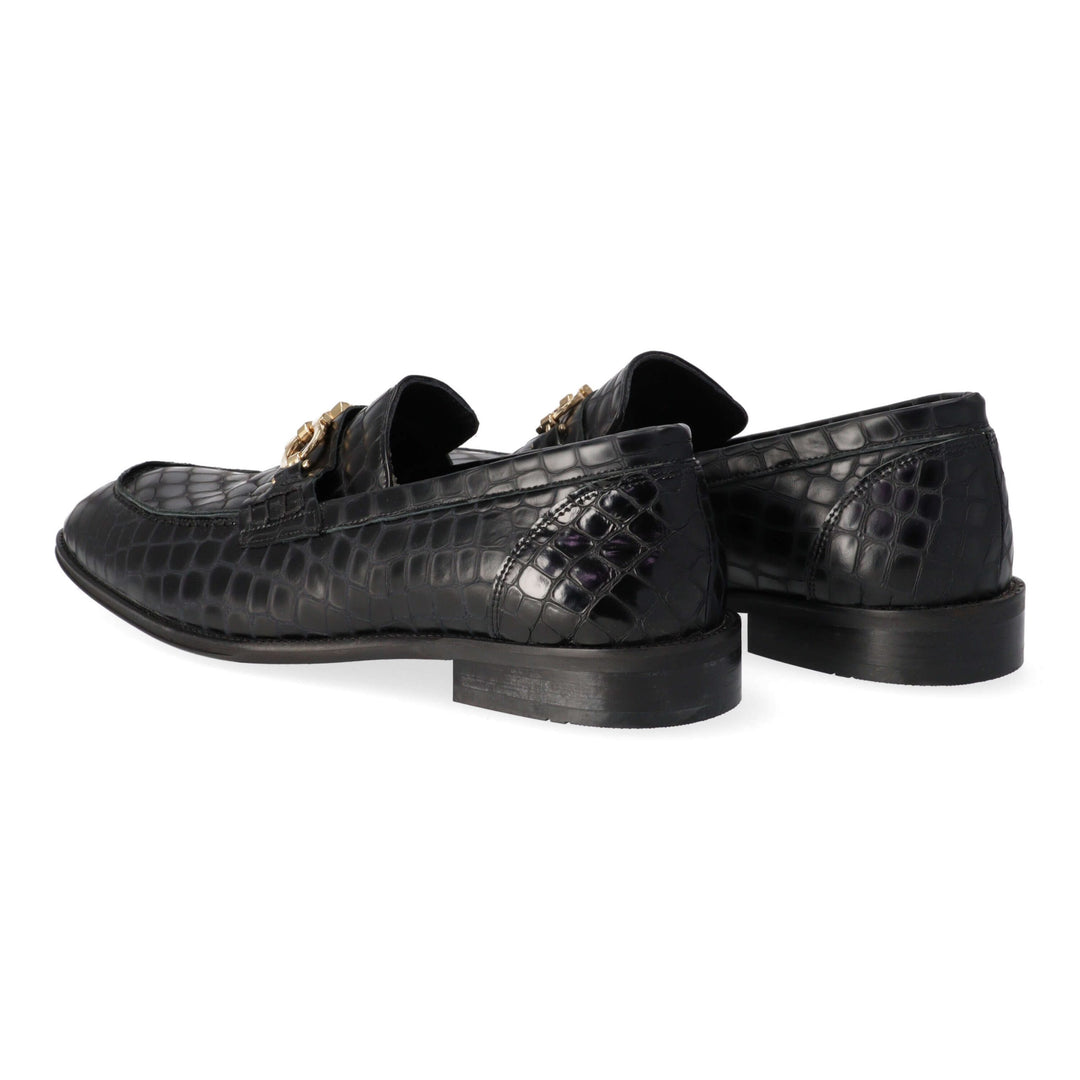 Black leather loafers with gold detail