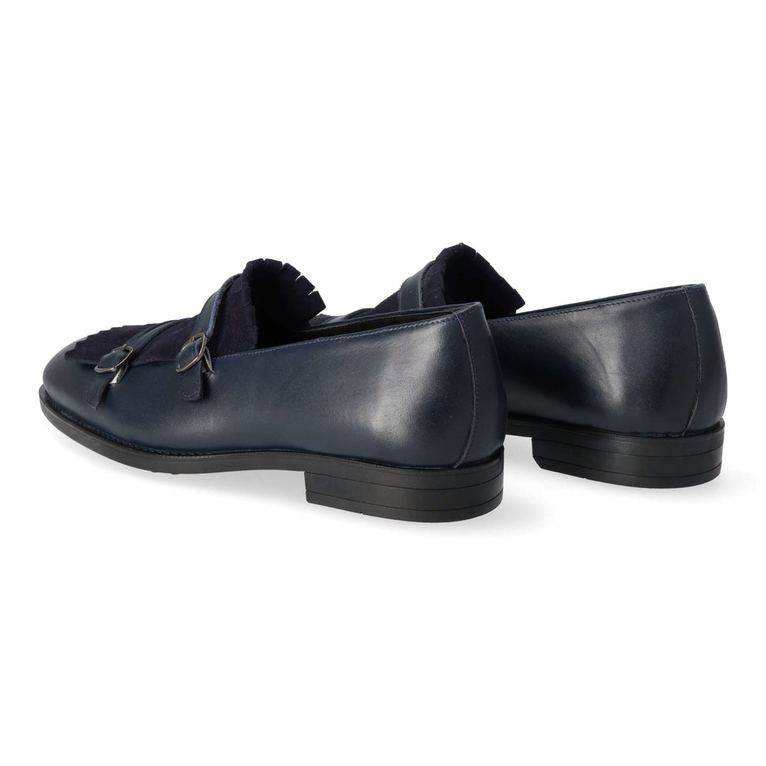 Blue leather loafers with turned leather detail and buckles