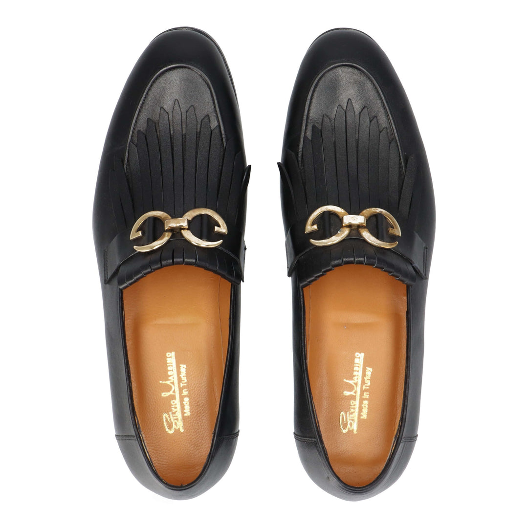 Black leather loafers with gold details