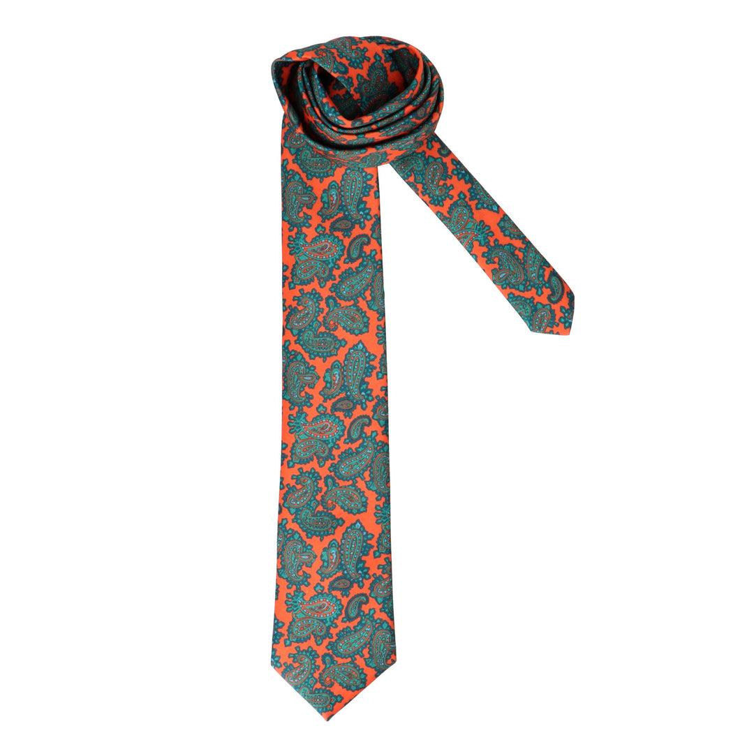 Orange tie with green pattern