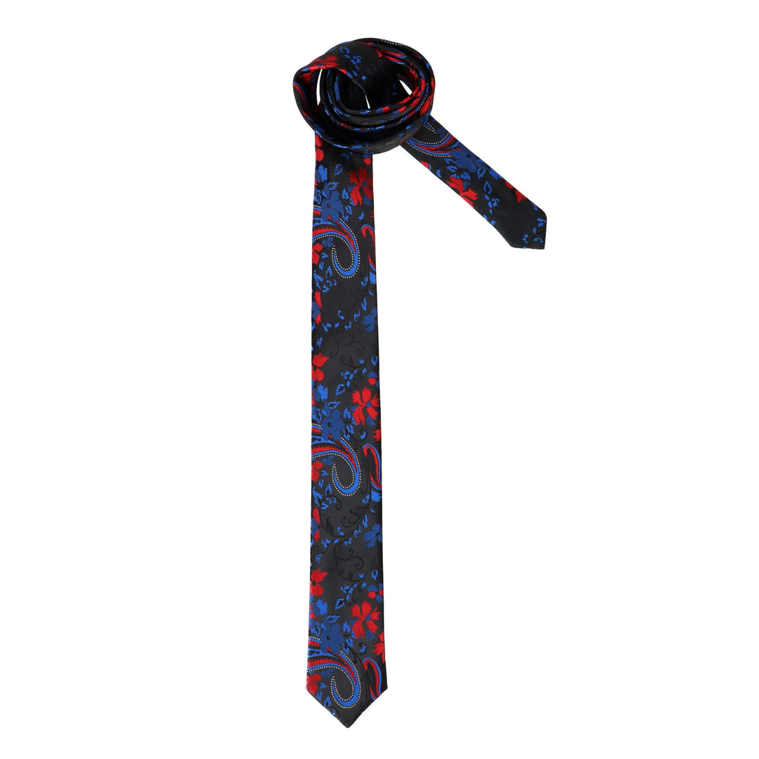 Juodas kaklaraištis su raudonu ir mėlynu raštu
