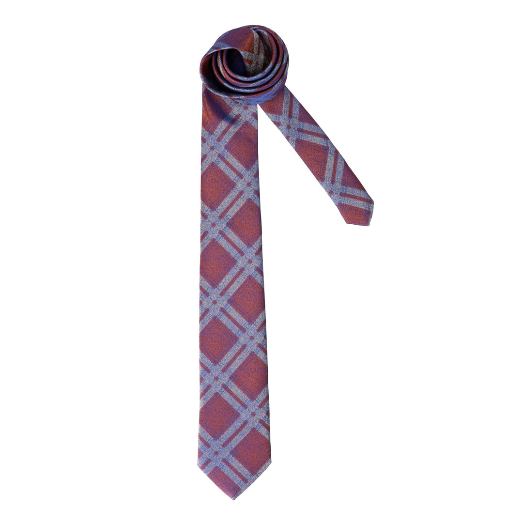 Brown burgundy tie with a blue check