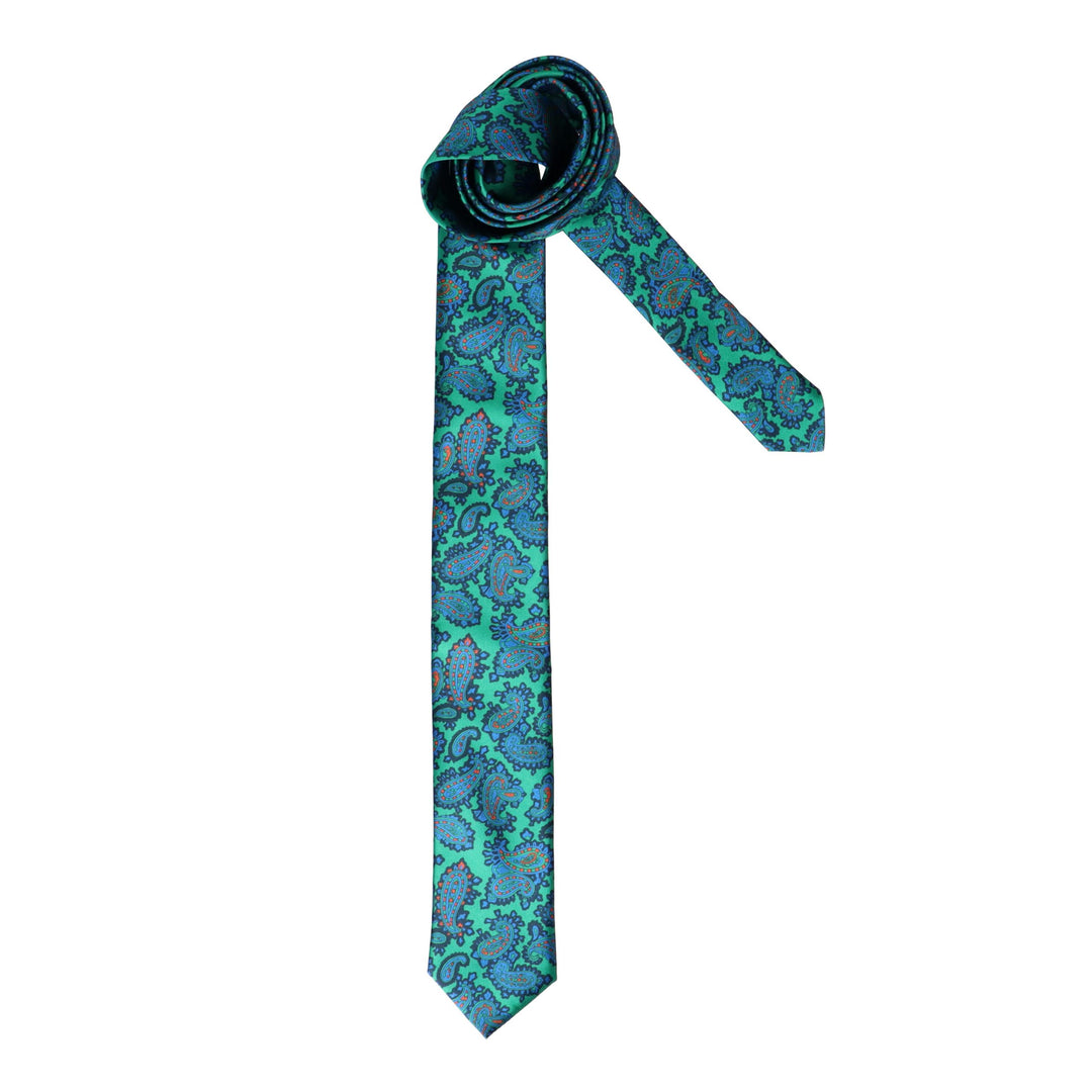Green tie with blue print