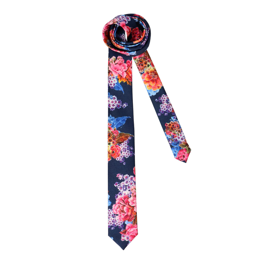 Blue tie with colorful floral pattern