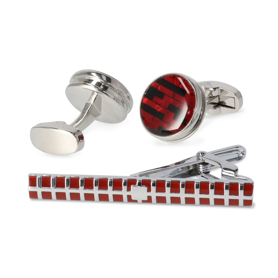 Silver/Red Cufflinks and Tie Holder Set