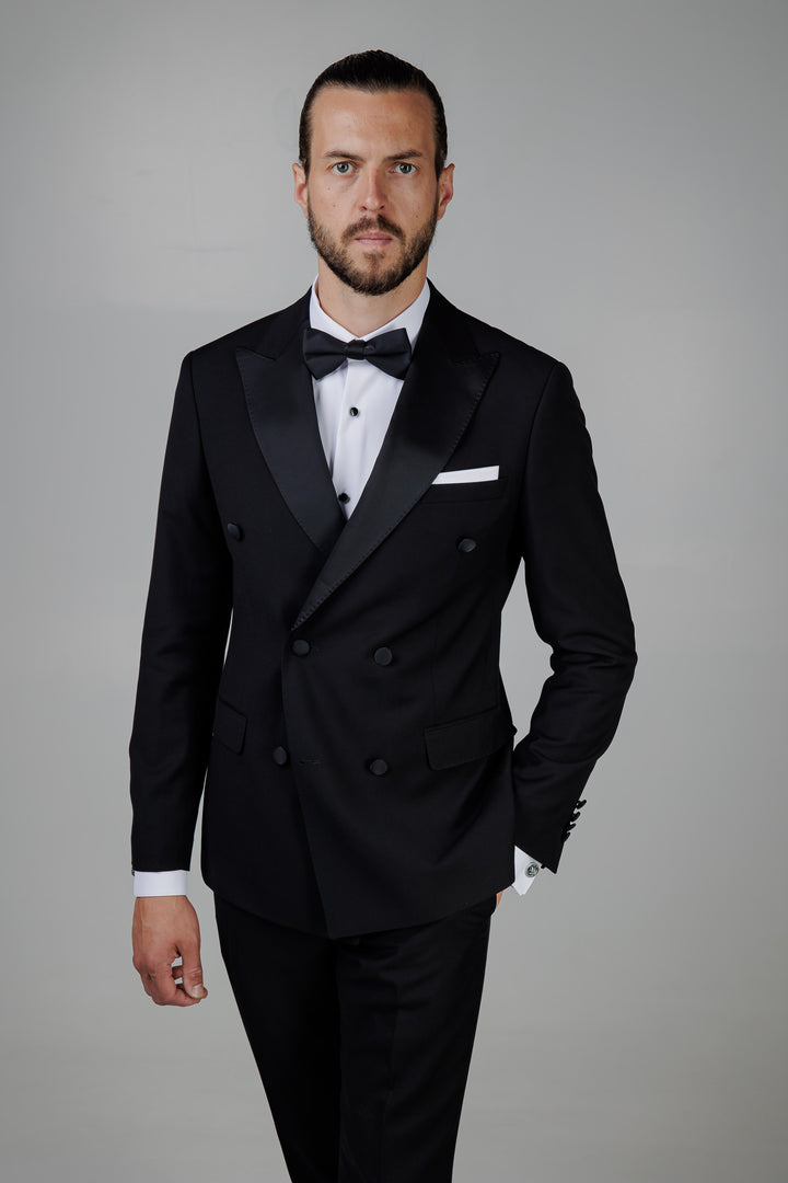 Two-piece black tuxedo with double-breasted jacket
