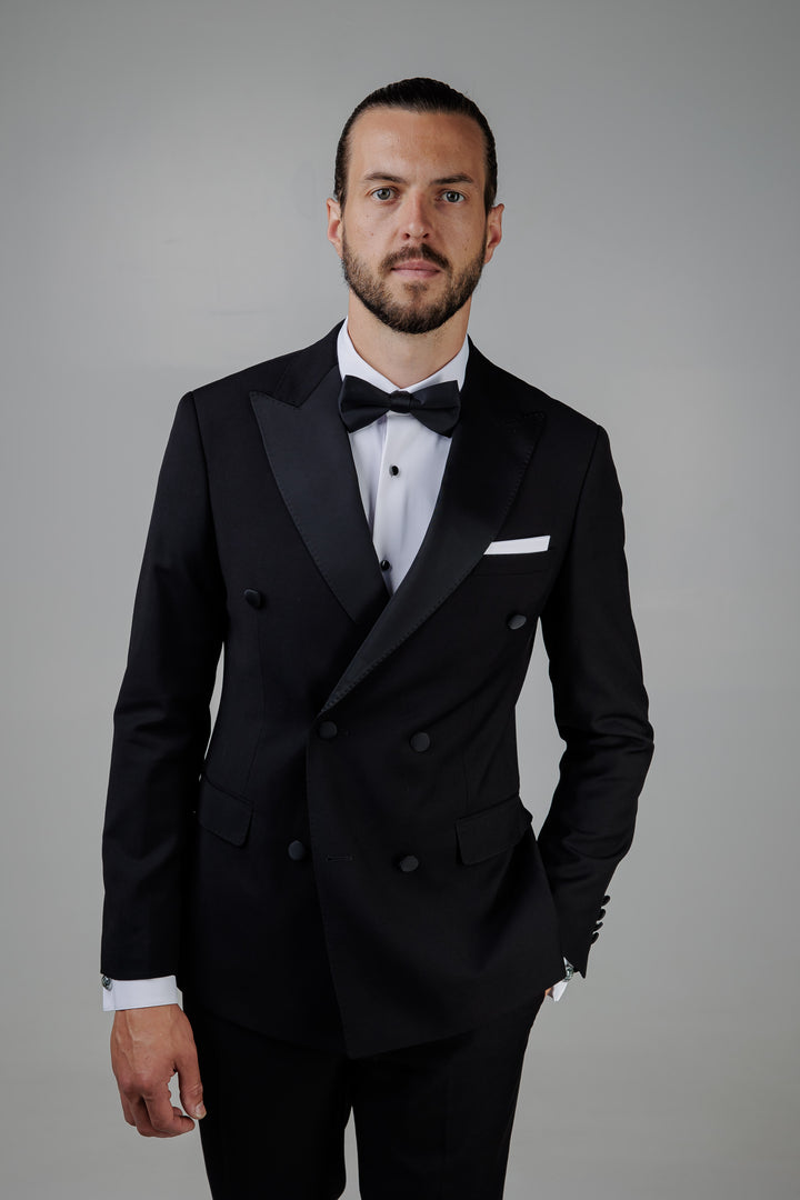 Two-piece black tuxedo with double-breasted jacket
