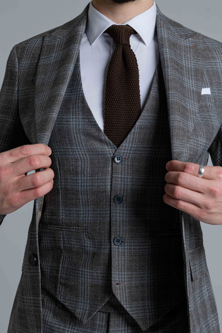 Three-piece gray-brown checked suit