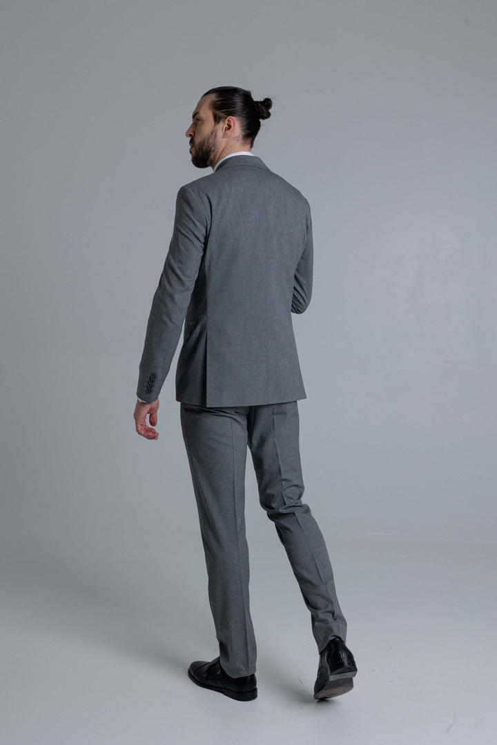 Three-piece gray suit with thin lines texture