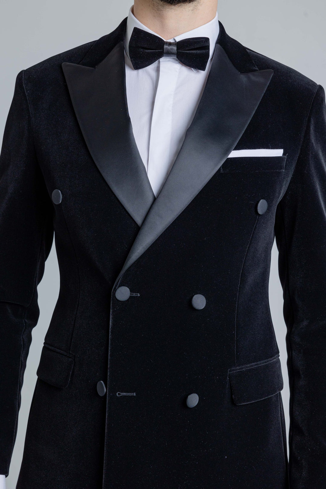 Black velor tuxedo with double breasted jacket