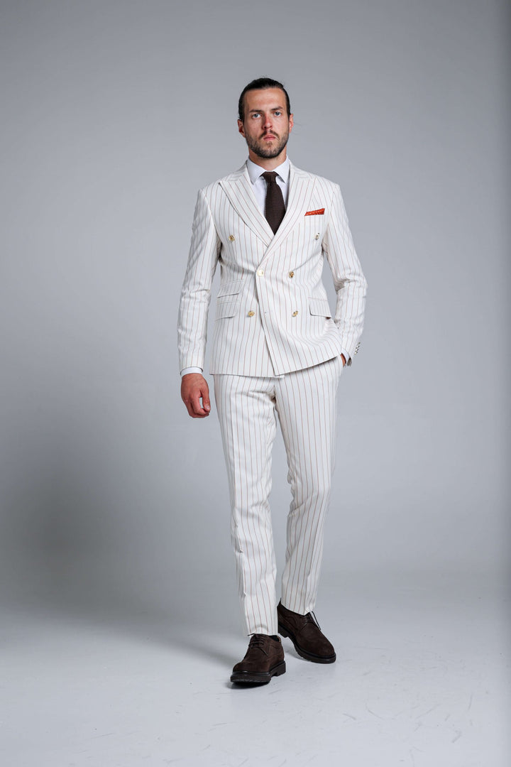 Two-piece white suit with double-breasted jacket and stripes