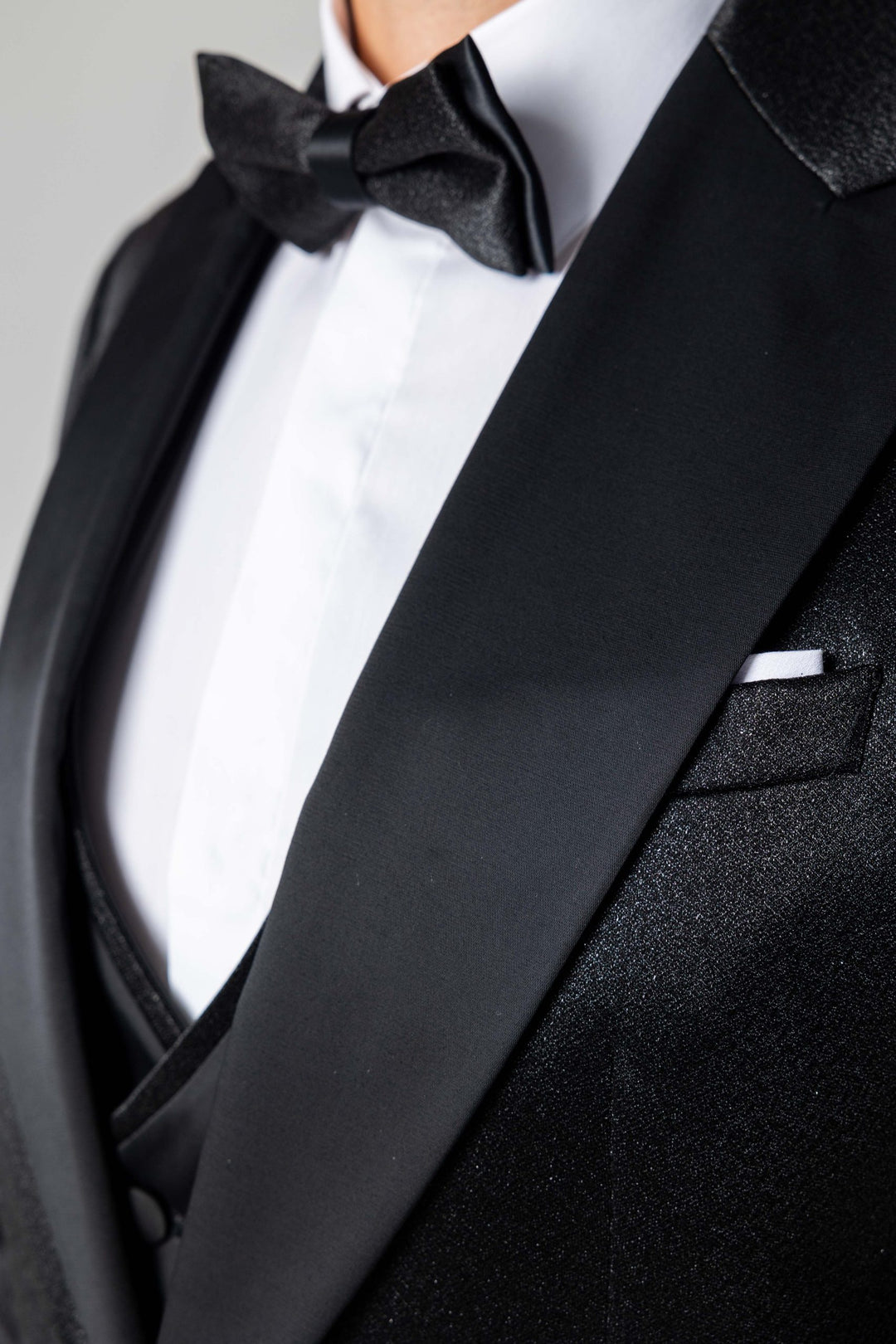 Three-piece shiny black tuxedo