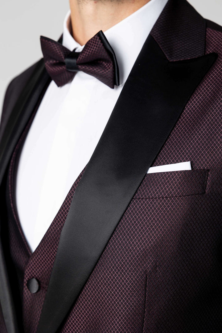 Three-piece burgundy tuxedo with bow tie
