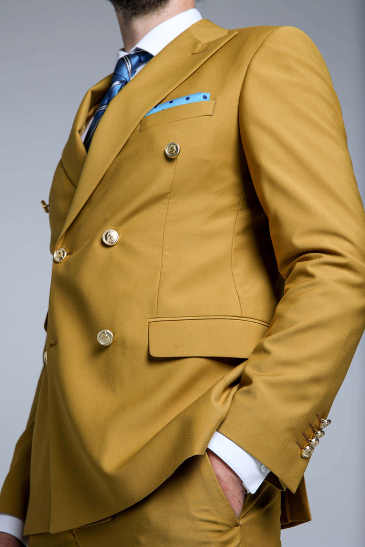Mustard two-piece suit with double-breasted jacket