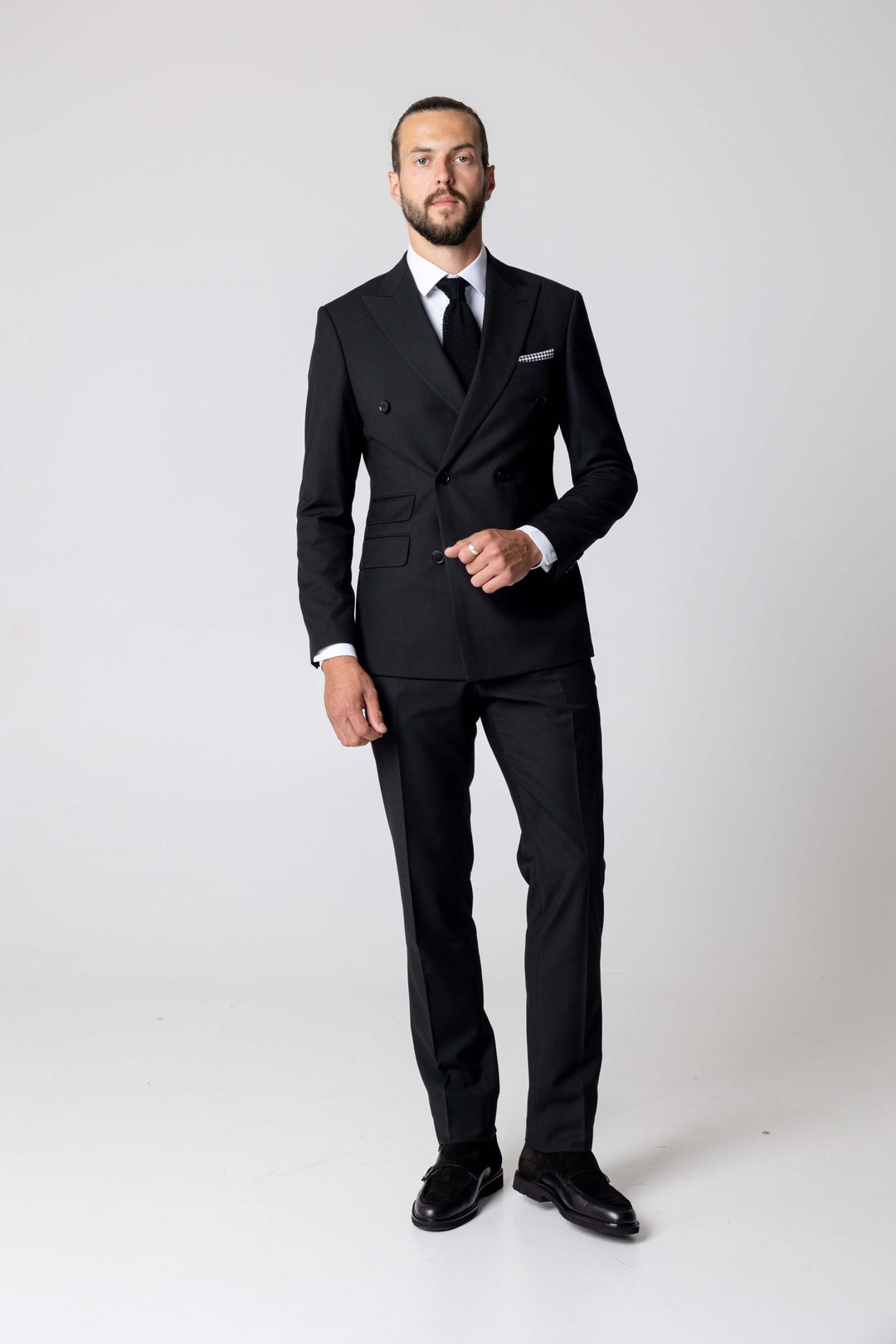 Two-piece black suit with double-breasted jacket