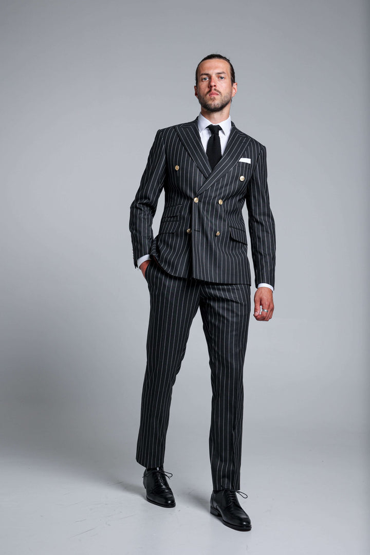 Two-piece black suit with stripes and double-breasted jacket