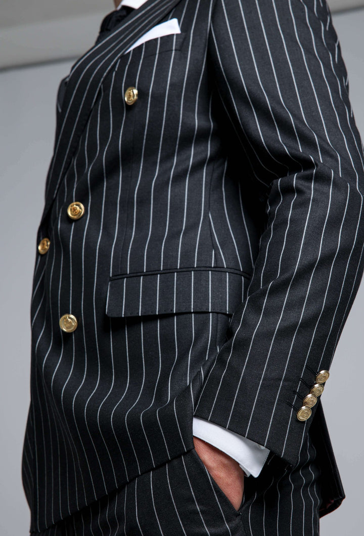Two-piece black suit with stripes and double-breasted jacket