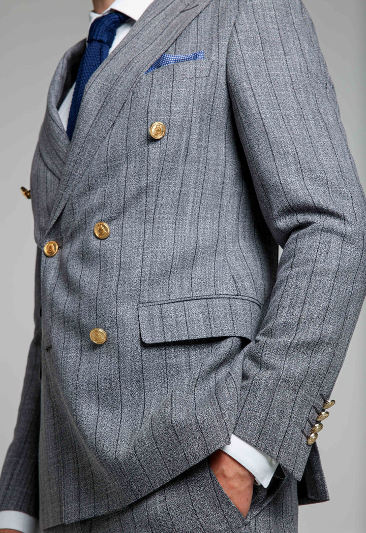 Two-piece gray suit with stripes and double-breasted jacket