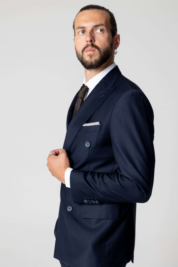 Two-piece navy blue suit with double-breasted jacket