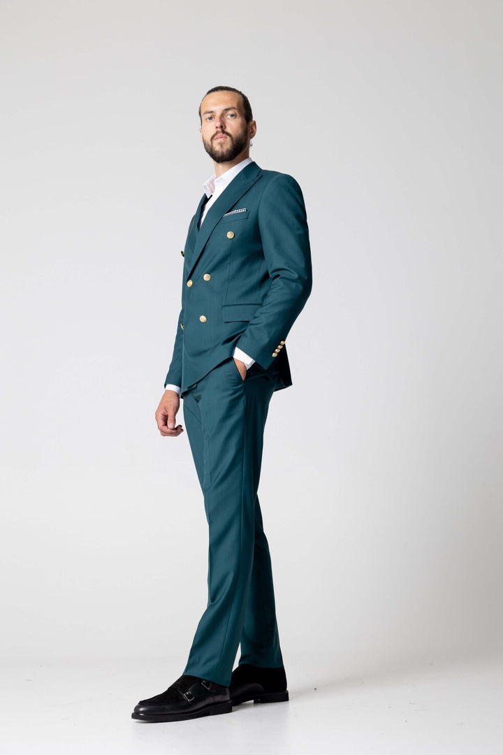 Two-piece green suit with double-breasted jacket