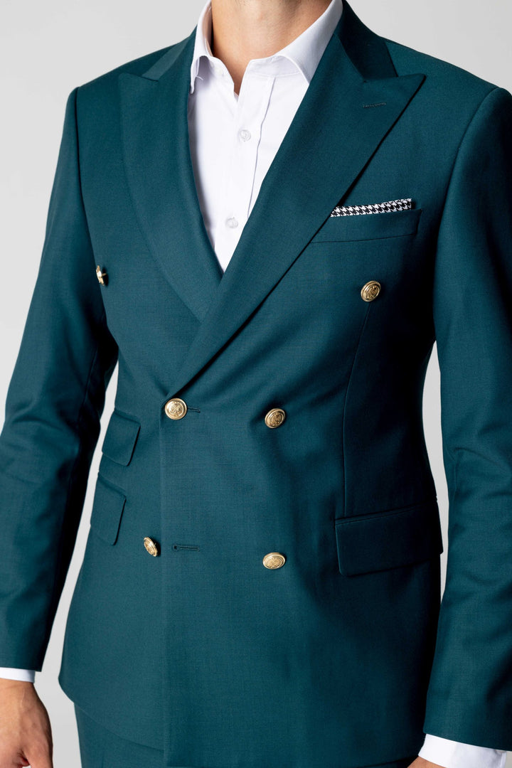 Two-piece green suit with double-breasted jacket