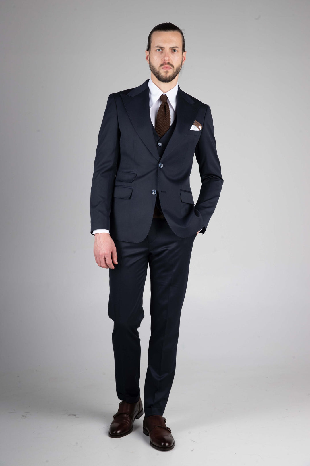 Three-piece blue suit with extra wide lapels
