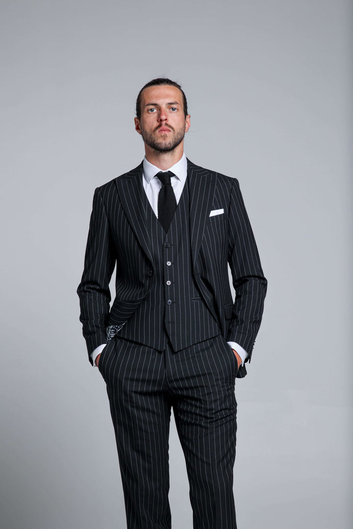 Three-piece black suit with stripes