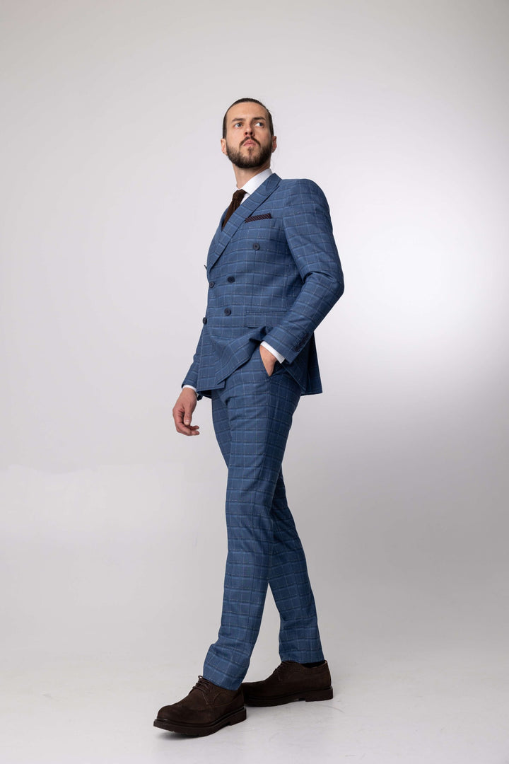 Two-piece light blue checked suit with double-breasted jacket