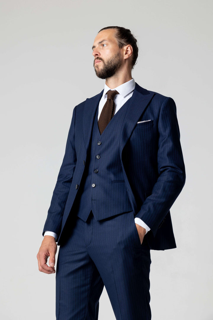 Three-piece blue suit with stripes