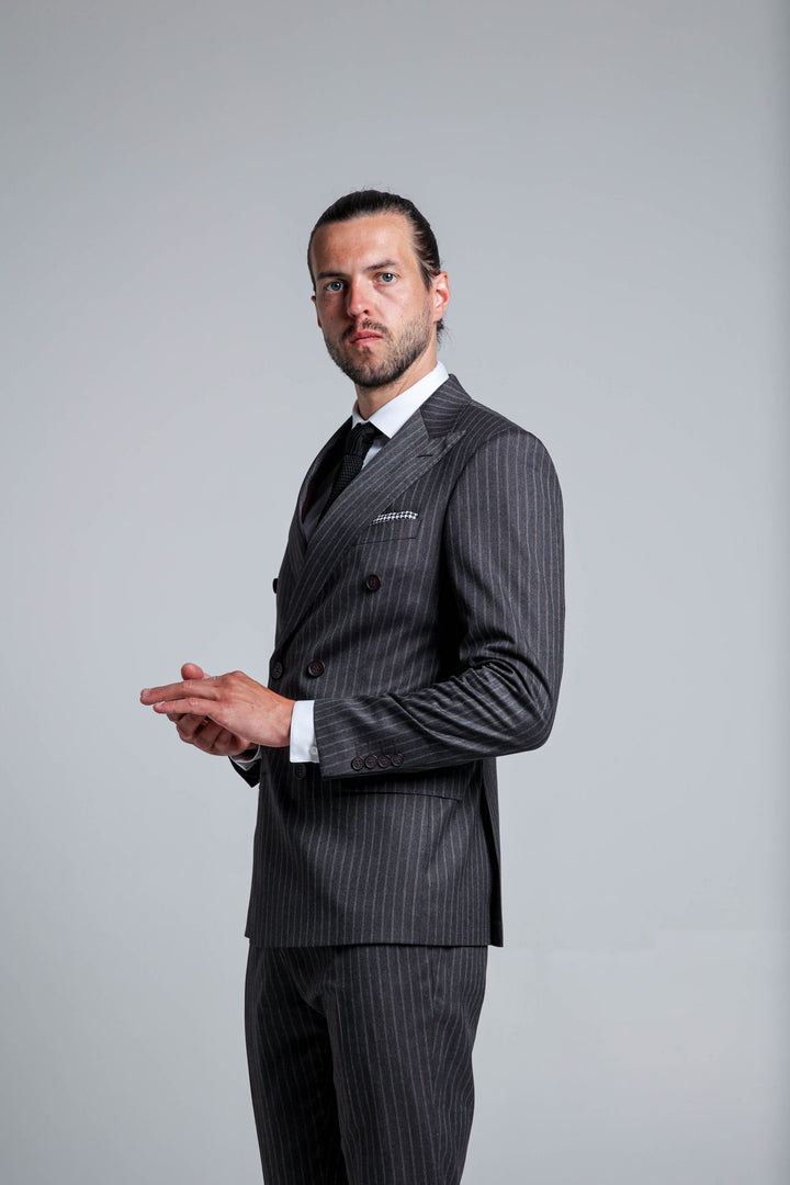 Gray burgundy two-piece suit with stripes and double-breasted jacket