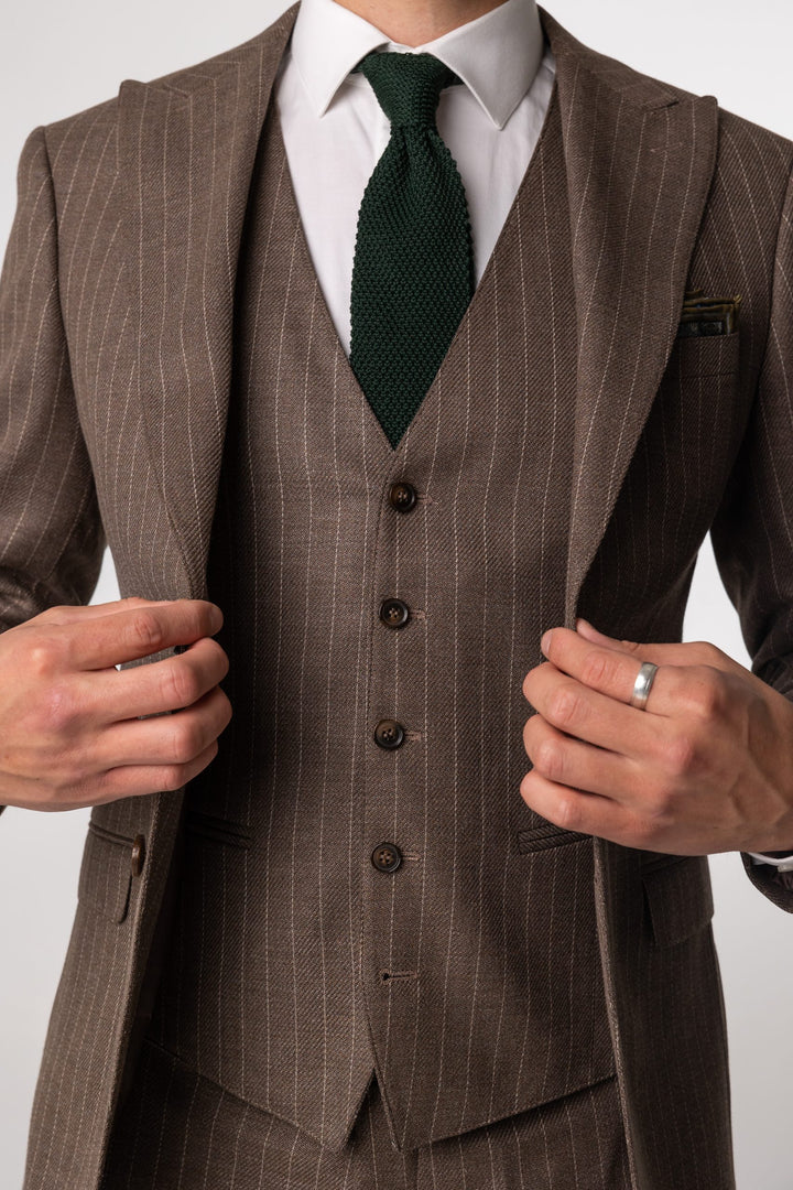 Gray brown three piece suit with stripes