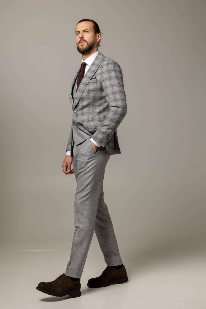 Three-piece gray suit with checkered jacket